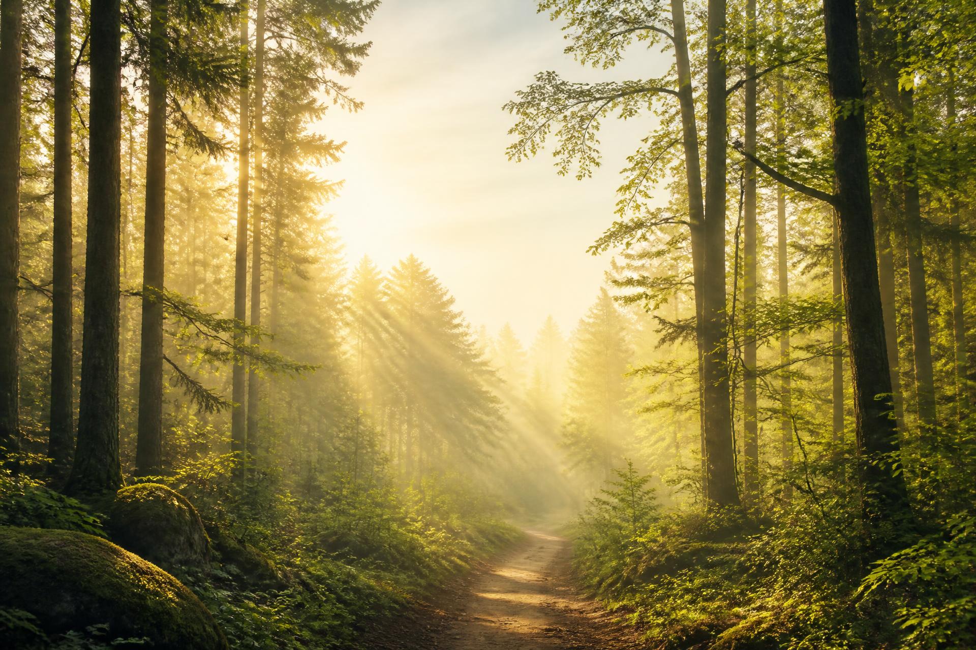 Cinematic forest at sunrise with golden light rays and morning mist